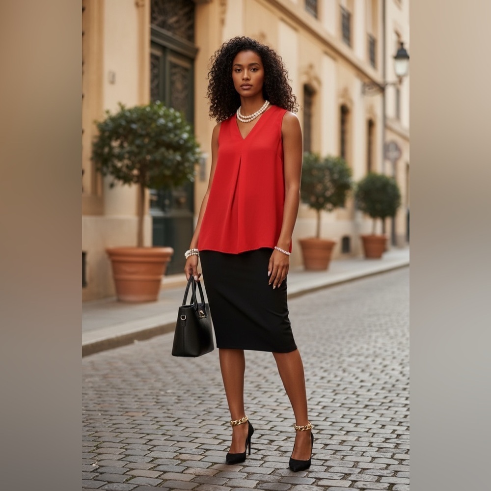 Elegant Navy Blue Pencil Skirt With This Sleeveless Stunning Red Top( set☑️